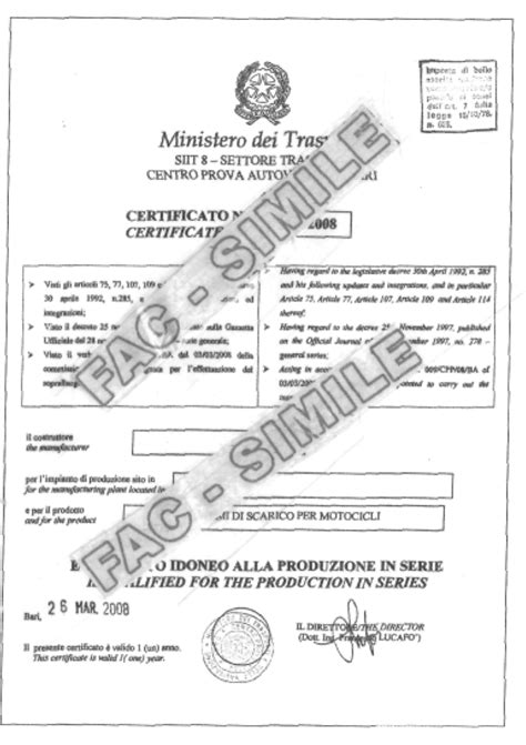 Certificato di omologazione europeo per scarichi