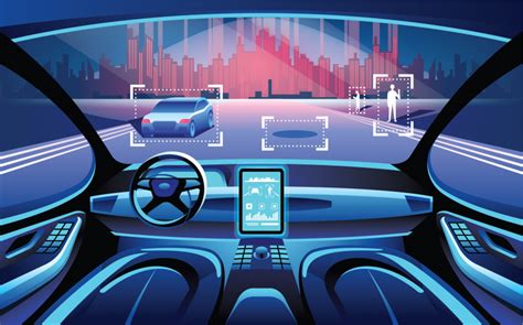 Immagine stilizzata di veicoli a guida autonoma in una città futuristica.