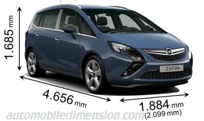 Diagramma che mostra le dimensioni esterne (lunghezza, larghezza, altezza) della Opel Zafira Life versione M