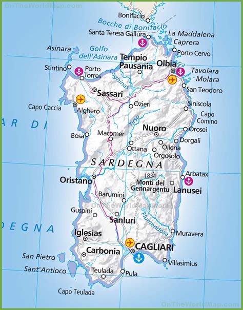 Mappa della Sardegna con indicati Oristano, Sassari, Cagliari, Nuoro