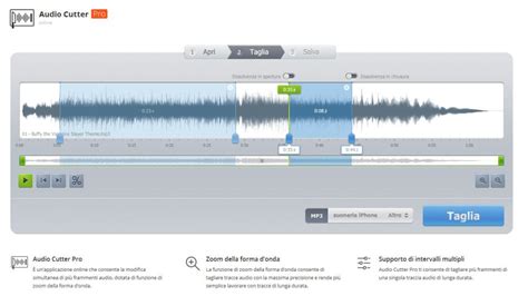 interfaccia di Taglia Audio di 123Apps con i cursori di taglio