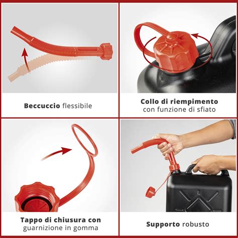Tanica di benzina con supporto stabile e accessori organizzati