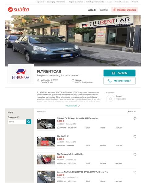 Vetrina di auto usate su un sito web