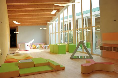 Architettura moderna di un asilo nido con aree gioco all'aperto