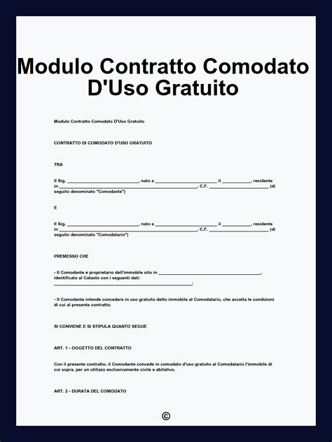 Modello di contratto di comodato d'uso di un veicolo
