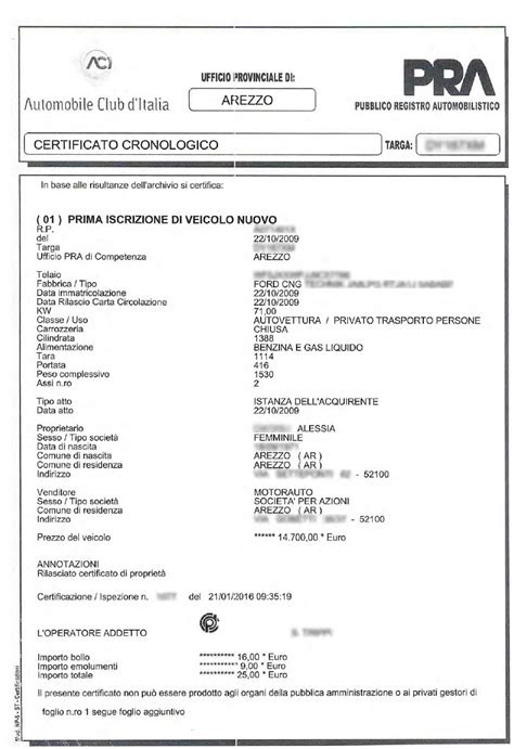 Certificato del Pubblico Registro Automobilistico (PRA) con annotazione di fermo fiscale