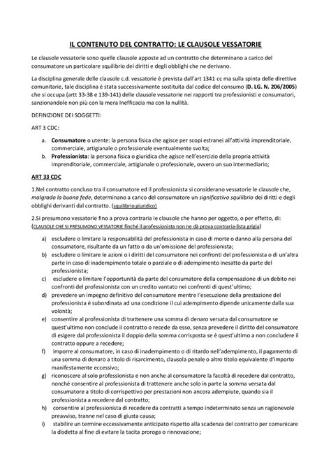 Schema che confronta clausole vessatorie e clausole che specificano l'oggetto del contratto