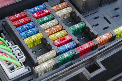 Close-up of a car fuse box with various fuses