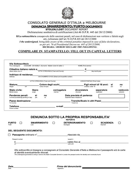 Modulo di denuncia di smarrimento