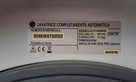 Etichetta identificativa del modello dell'elettrodomestico