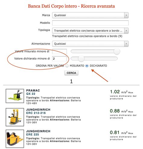 Screenshot di una ricerca avanzata nella banca dati vibrazioni