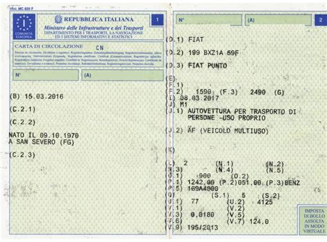 Esempio di libretto di circolazione con evidenziate le sezioni relative ai dati del veicolo