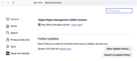 Screenshot delle impostazioni DRM di Firefox con l'opzione Widevine