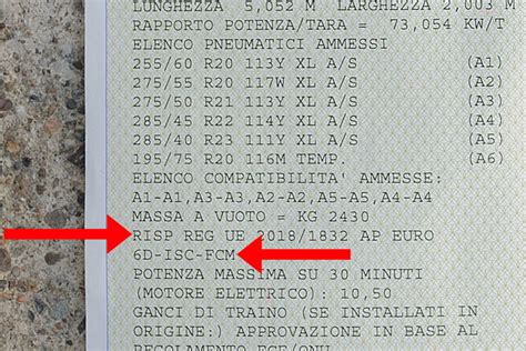 Libretto di circolazione con evidenziata la sezione della classe Euro