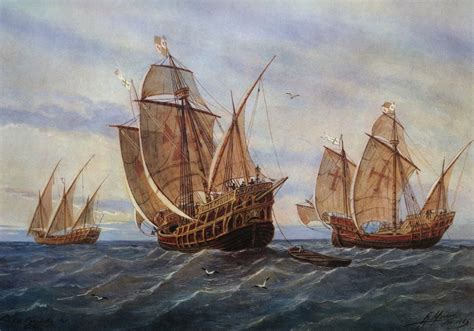 Rappresentazione delle caravelle di Colombo che salpano dal porto di Palos
