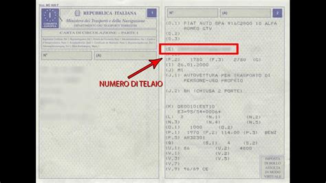 Numero di telaio (VIN) su un documento automobilistico