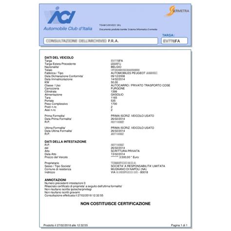 Documento di visura PRA con dettagli veicolo
