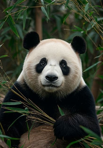 Ritratto ravvicinato di un panda gigante immerso nella foresta di bambù