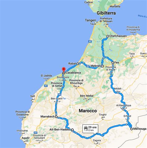 Mappa degli itinerari automobilistici in Marocco