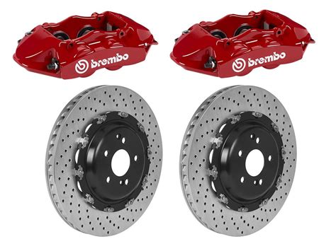 Immagine di un kit freno Brembo GT con pinze rosse e dischi forati/scanalati