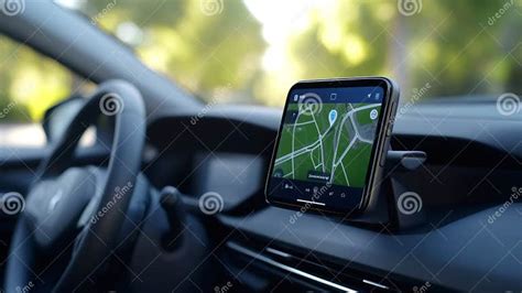 Car dashboard with a mounted smartphone and navigation app displayed