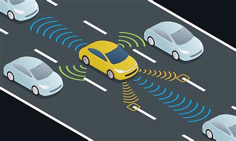 Immagine stilizzata di un'auto autonoma con sensori evidenziati e simboli di interferenza