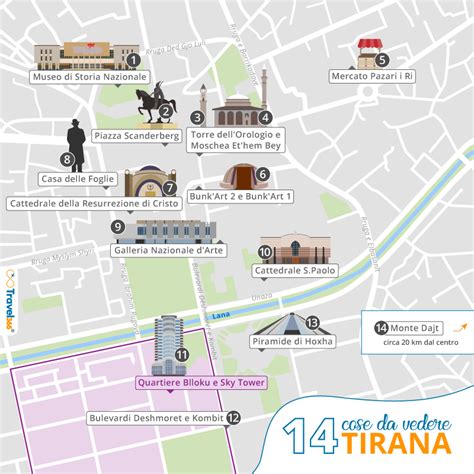 Mappa del centro di Tirana con le principali attrazioni
