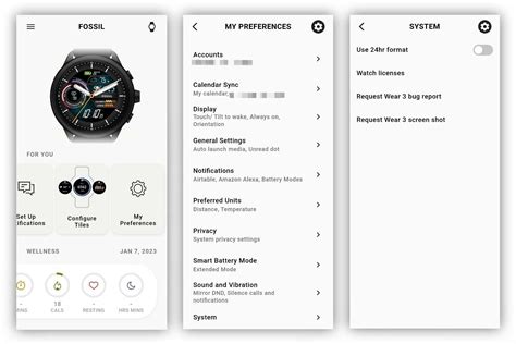 Screenshot dell'interfaccia dell'App Fossil Smartwatches