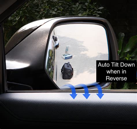 Infographic showing a car reversing and the side mirror tilting downwards to show the curb