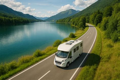 Veicolo ricreazionale tipo semintegrale parcheggiato vicino a un lago