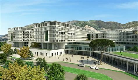 veduta panoramica di un moderno complesso ospedaliero organizzato per reparti