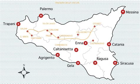 Mappa della Sicilia con punti che indicano le città menzionate