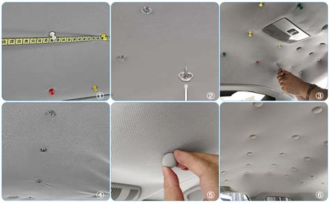 Schema di fissaggio pannello cielo auto con frecce che indicano viti e clip