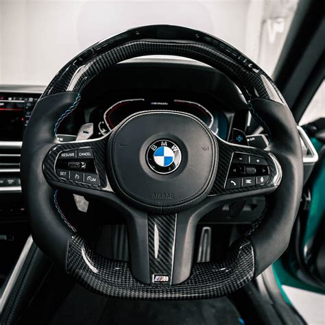 Close-up of a BMW steering wheel