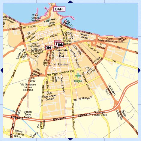 Mappa del centro urbano di Bari con evidenza dei principali nodi di mobilità e servizi al cittadino