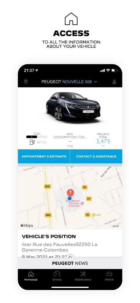 Smartphone che mostra l'interfaccia dell'app MyPeugeot con icone di navigazione e informazioni sul veicolo