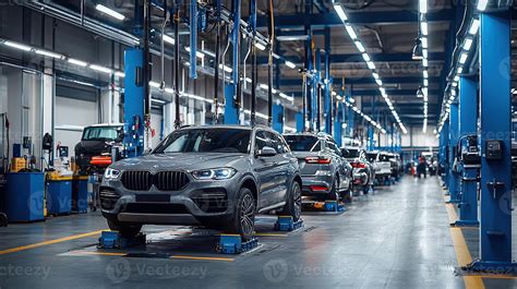 Car being serviced in a modern workshop
