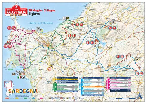 Mappa di un percorso di rally con diverse prove speciali