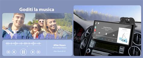 Interfaccia utente del sistema di infotainment dell'auto che mostra la riproduzione musicale con la copertina dell'album
