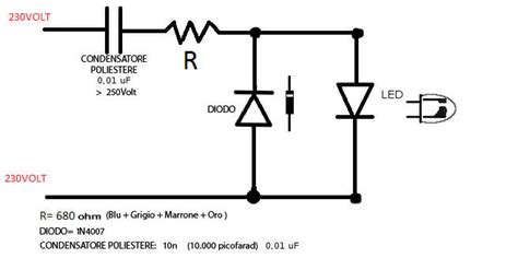 Schema elettrico semplificato con resistenza, diodo e condensatore