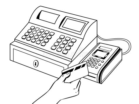 Immagine stilizzata di una cassa registratrice con simboli di valuta e carte