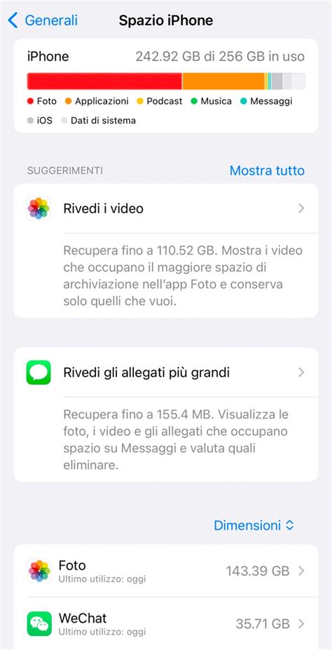 Grafico che mostra l'utilizzo dello spazio di archiviazione su iPhone