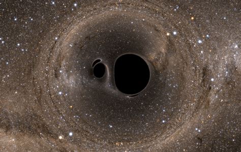 Illustrazione di due buchi neri in orbita reciproca prima della fusione
