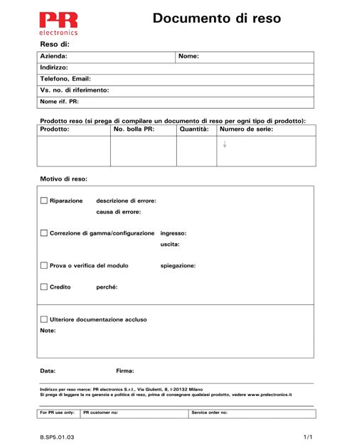 Documento di reso per acquisti online