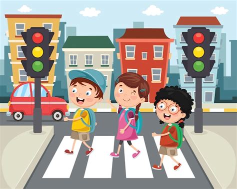 Bambini che attraversano sulle strisce con semaforo