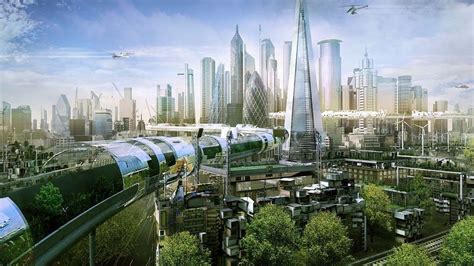 Visione futuristica di città con veicoli a idrogeno