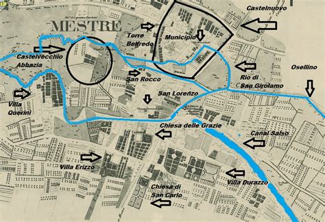 Mappa schematica della rete stradale di Mestre con evidenza dei principali nodi di rifornimento