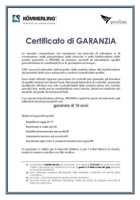 Certificato di garanzia prodotto per ricambi auto