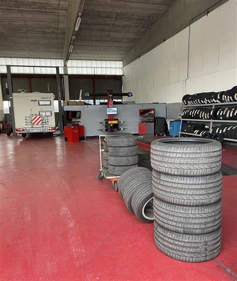 Varietà di pneumatici di diverse marche esposti in officina