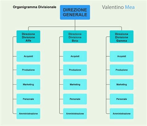 Organigramma semplificato di una grande azienda con diverse aree funzionali